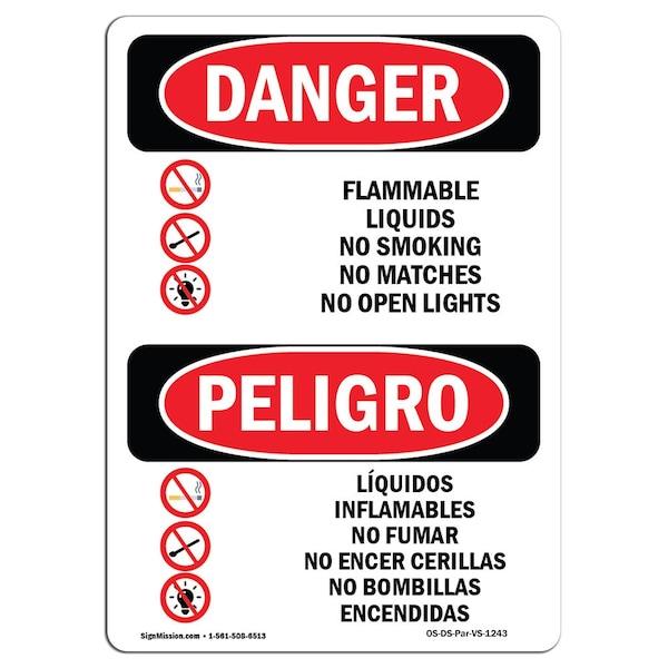 OSHA, Flammable Liquids No Smoking Bilingual, 5in X 3.5in Decal, 10PK, OS-DS-D-35-VS-1243-10PK